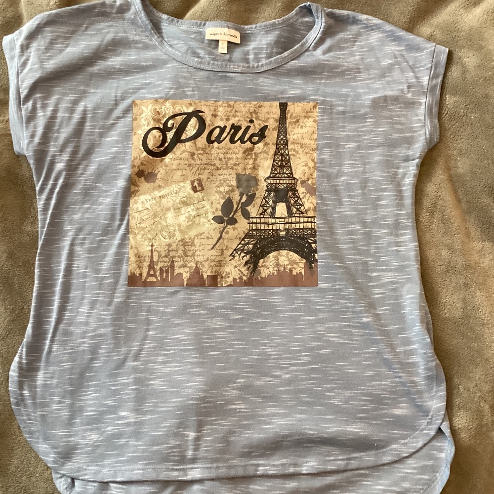 Women Paris Eiffel Tower Shirt Size L Juniors Blue Cotton